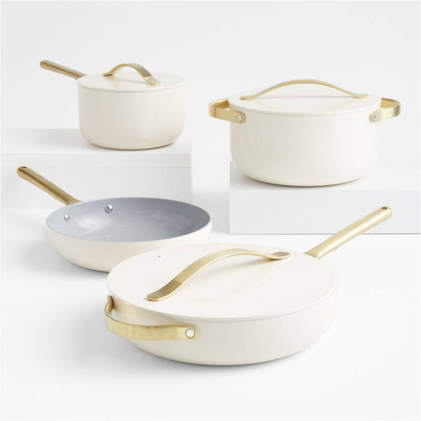 Caraway Home 7-Piece Cream Ceramic Non - Stick Cookware Set with Gold Hardware