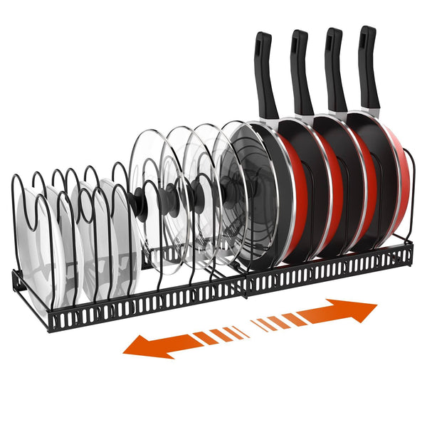 Housolution Pot and Pan Organizer Rack for Cabinet, Expandable Pot Lid Organizer Holder with 14 Adjustable Dividers, Cutting Board Cookware Organizer